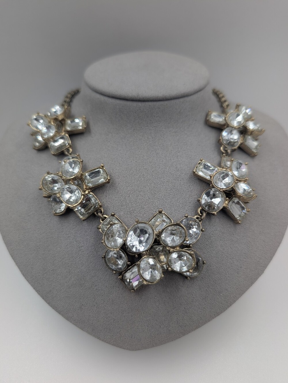 Signed J. Crew Multi-Cut Clear Crystal Cluster Statement Collar Necklace 0610